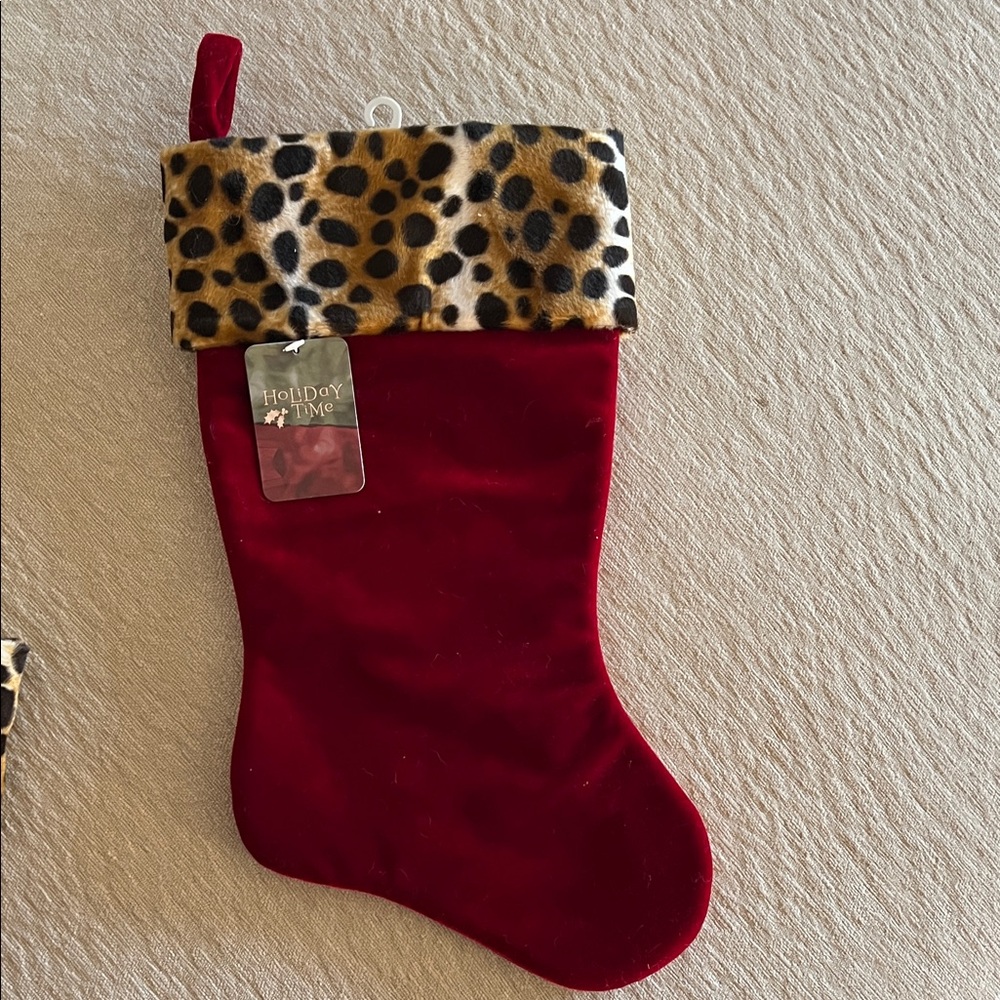 Set of 4 Leopard Trim Burgundy Velvet Christmas Stocking - Picture 3 of 5